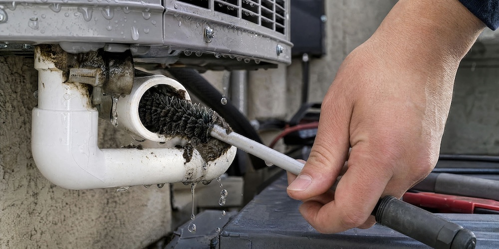 Technician cleaning air conditioner drain line with pipe brush for maintenance